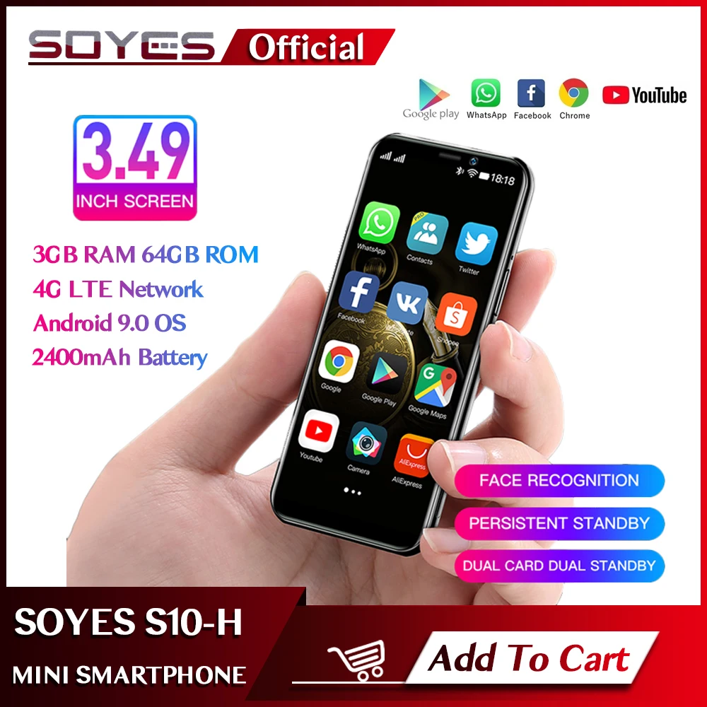 Оригинальный смартфон SOYES S10-H Mini, экран 3,5 дюйма, 4G LTE, 3 ГБ ОЗУ, 64 Гб ПЗУ, Android 9,0, разблокировка распознаванием лица, смарт-телефон