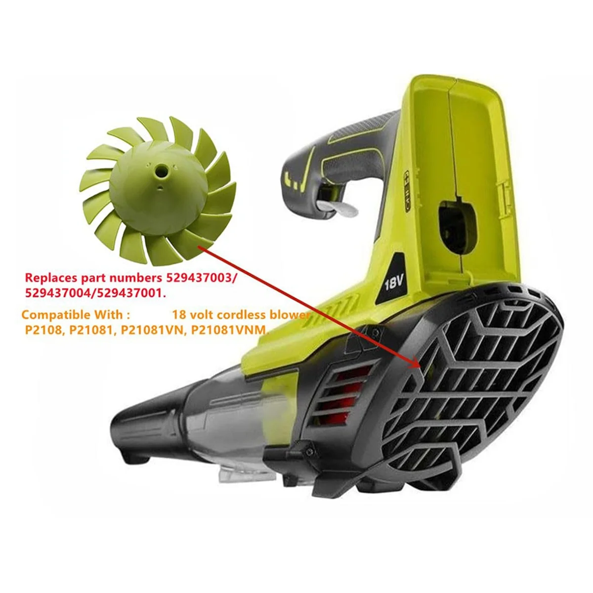 29437003 / 529437004 529437001 Вентилятор для вентилятора Ryobi 18-вольтовый вентилятор P2108 P21081