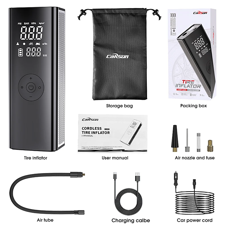 

Беспроводной воздушный насос CARSUN для шин, портативный автомобильный компрессор для мотоциклов, пикапов, грузовиков, мощный надувной насос
