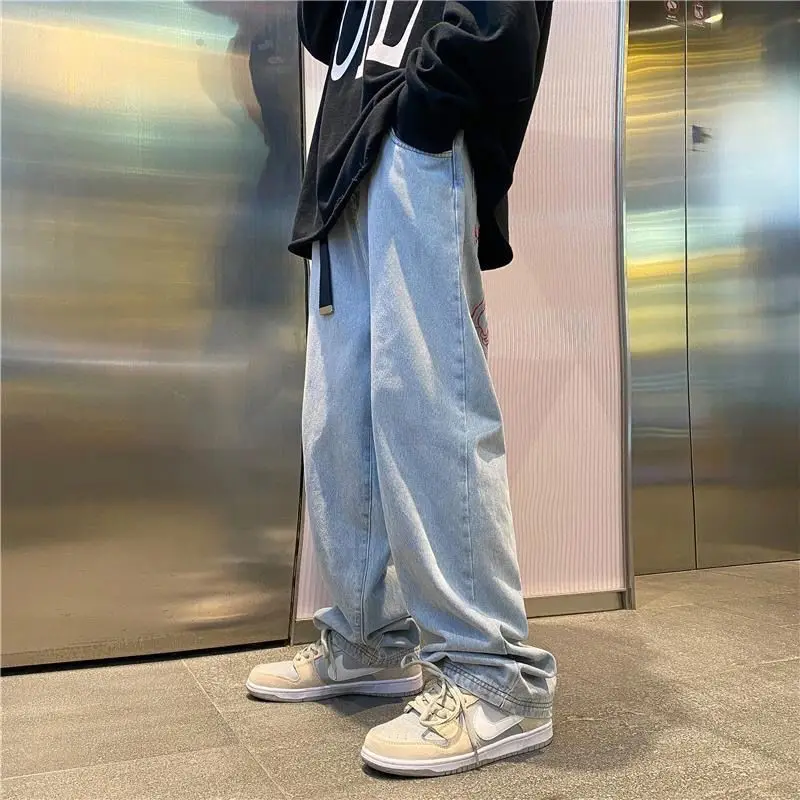 Y2K Printed Jeans Men Straight Trousers 2022spring New American Vintage High Street Hip-hop Style Casual Loose Wide-leg Trousers