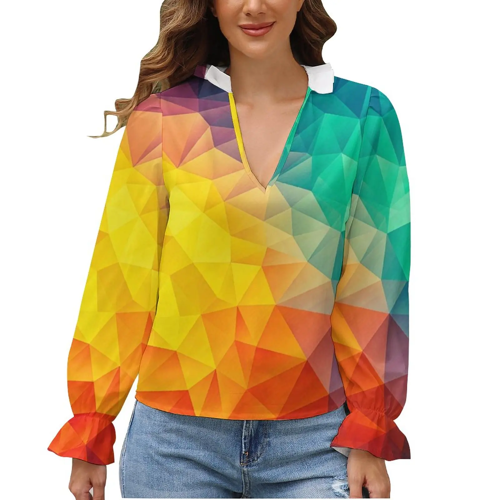 

Rainbow Blouse Watercolor Puff Sleeve Stylish Sale Female Shirt V Neck Party Shirts