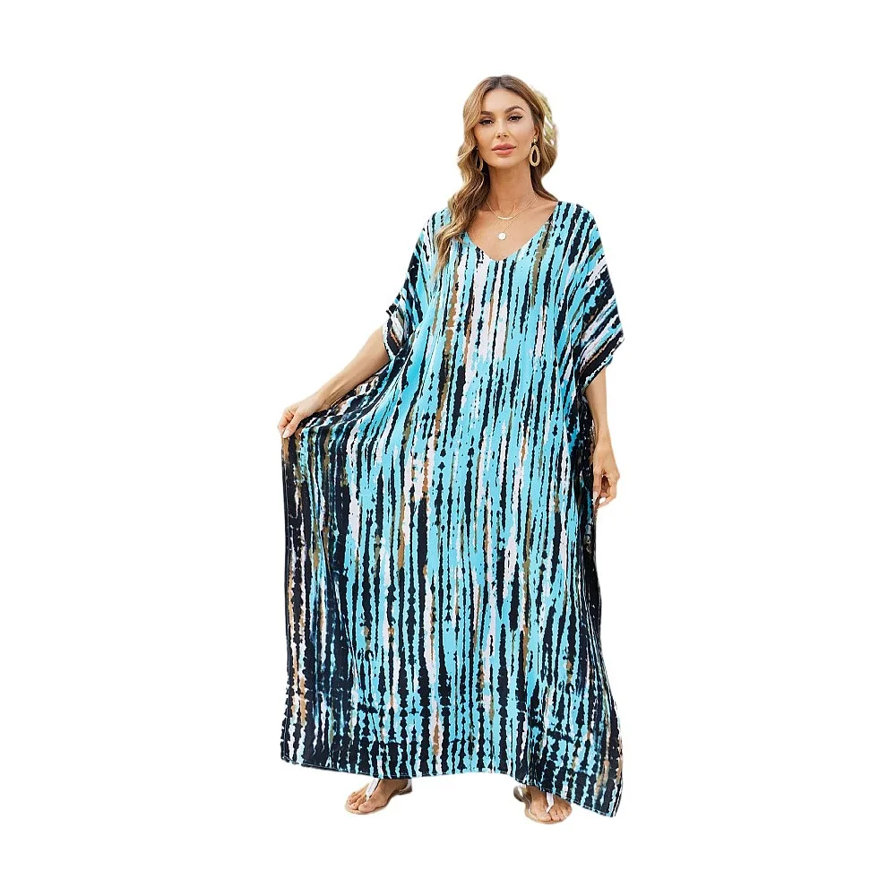 

2021 Women's V-neck Beach Blouse Smudge Loose Plus Size Holiday Long Dress Robe Beach Skirt Bikini Blouse