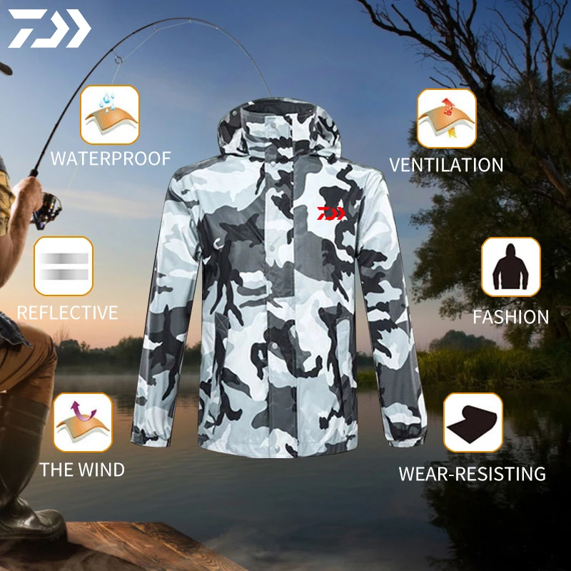 Daiwa Summer Fishing Suits Men Women Windproof Waterproof Hooded Sport Clothing Outdoor Wear Fishing Clothes Camouflage Raincoat enlarge