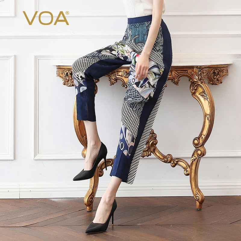 (Large Discount) VOA Silk Jacquard Print Harem Pants Long Trousers Women Casual Boho Vintage Elegant Basic Navy Blue Summer K527