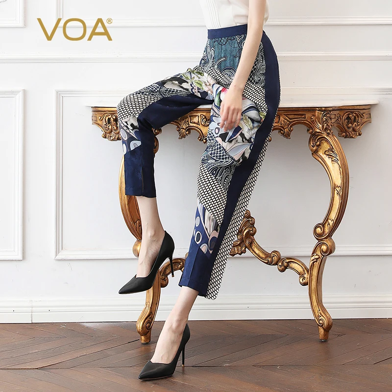 

(Large Discount) VOA Silk Jacquard Print Harem Pants Long Trousers Women Casual Boho Vintage Elegant Basic Navy Blue Summer K527
