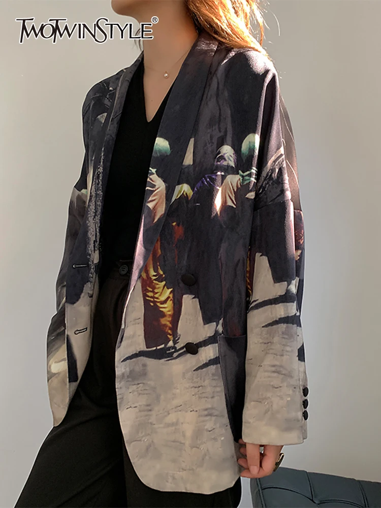 

TWOTWINSTYLE Chic Printing Loose Blazers For Women Shawl Collar Long Sleeve Spliced Double Breasted Blazer Female Fashion 2023