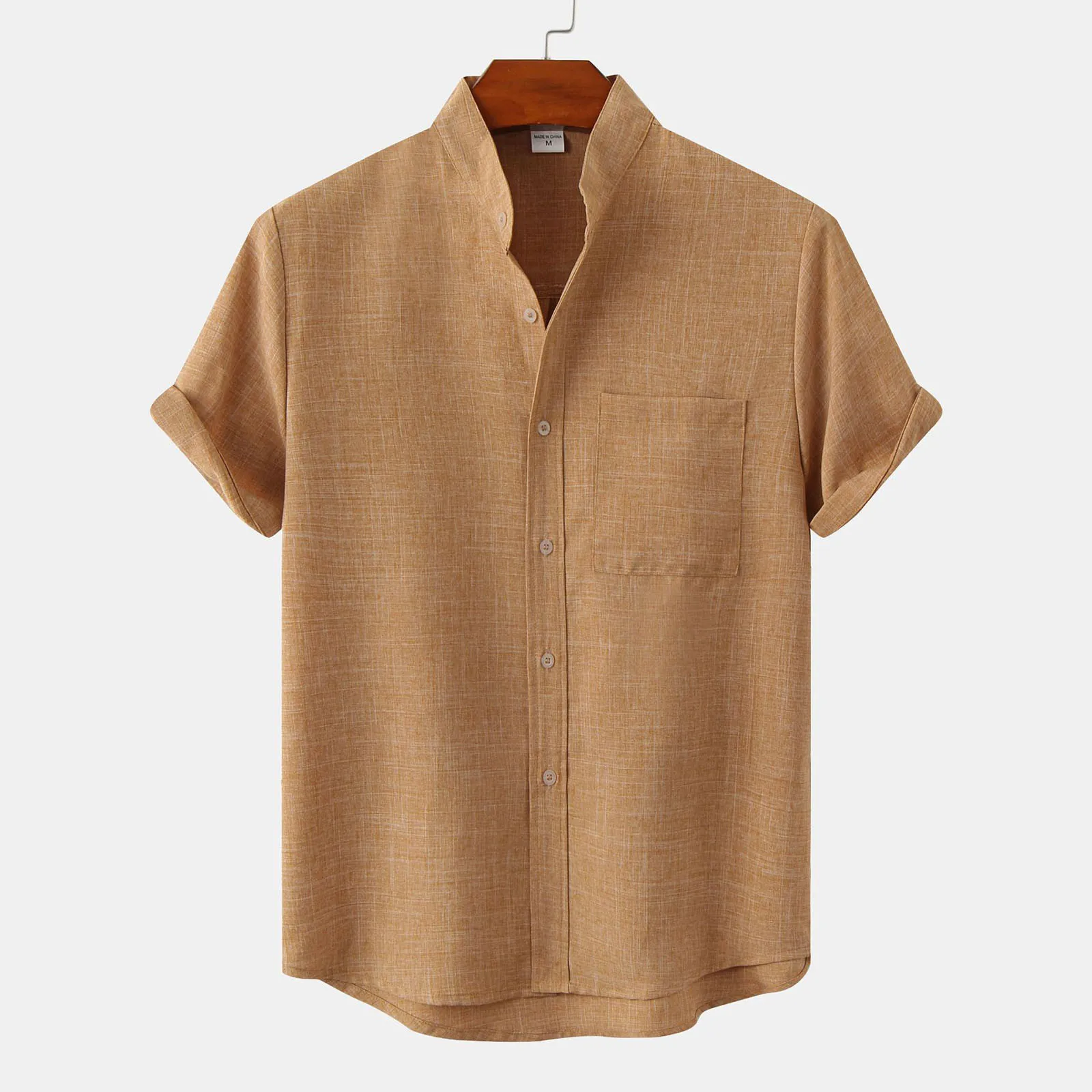 

Large 1 Male Summer Casual Solid Shirt Short Sleeve Stand Collar Shirt Blouse Tops Mock Men