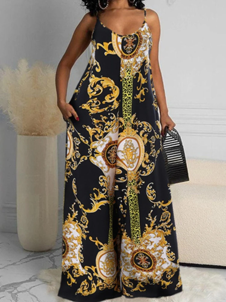 

Retro Pattern Print Loose Boho Jumpsuit Women Spring V Neck Sling Playsuit Romper Summer Wide Leg Straight Pants Office Overalls