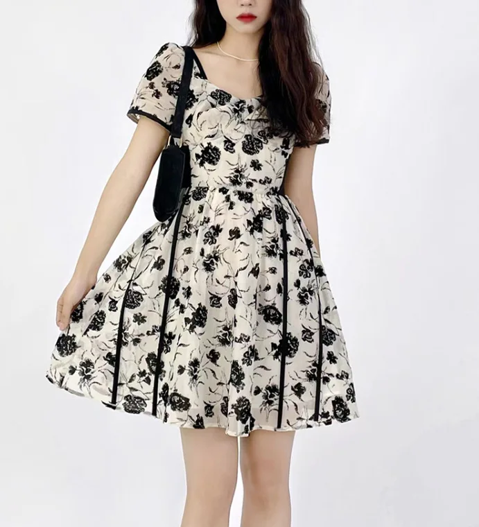 

Midnight Rose Floral Dress for Women 2022 Summer New Short Sleeve Long Dress