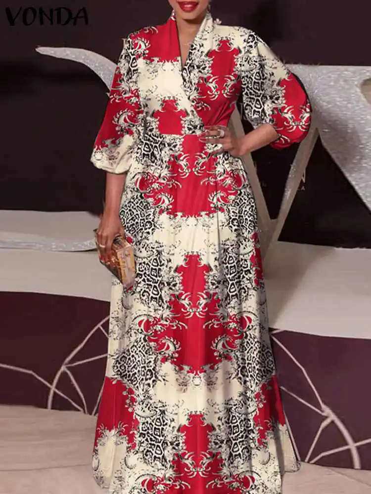 

VONDA Autumn Vintage Sundress 2022 Women Bohemian Sexy Printed Kaftan Dress Casual Lantern Sleeve Retro V Neck Long Vestido Robe
