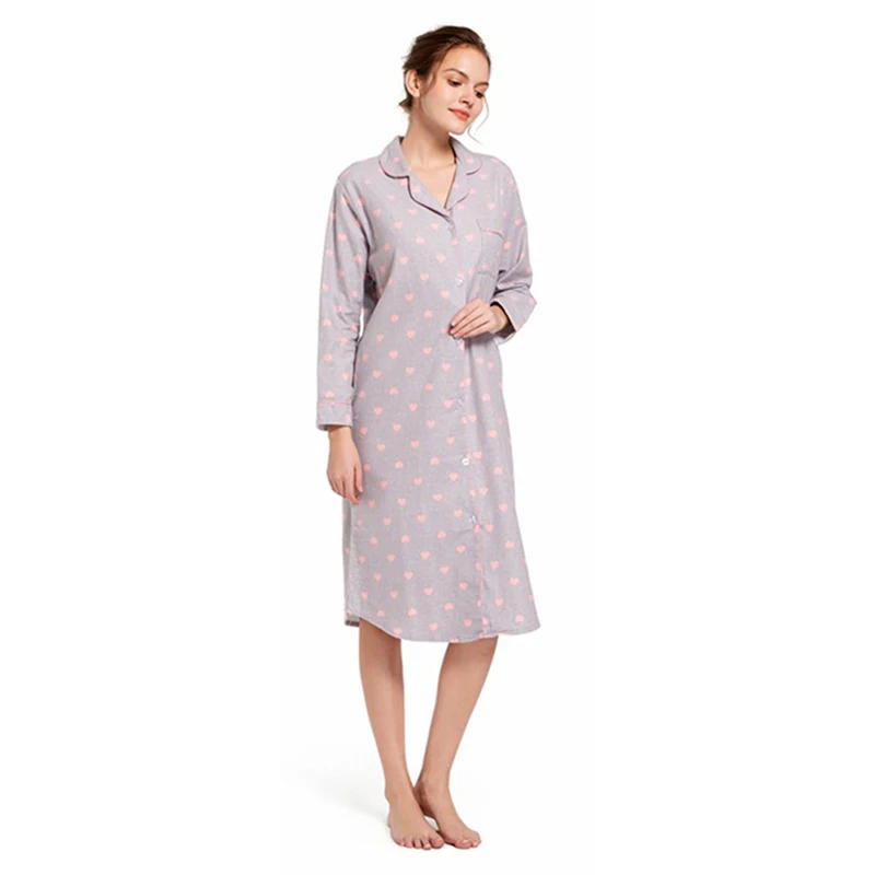 

Nightgown Female Button down Sleepshirt Cotton Long Sleeve Cute Heart Pattern Nightshirt Pajama Top