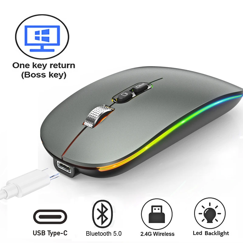 Dual Mode Bluetooth Wireless Mouse with One-Click Desktop Function Type-C Rechargeable Silent Backlit Mice for Laptop PC New |