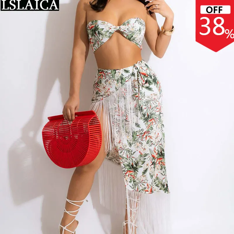 

Set Summer Clothes for Women Fashion Two Pieces Outfits Floral Print Strapless Corp Top & Tassels Long Skirt Suit Holiday Beach