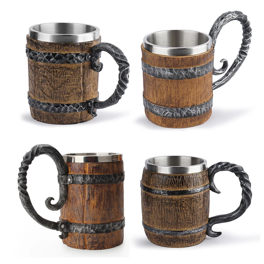 

500ml Wood Style Beer Cup Simulation Wooden Mug Double Wall Drinking Mug Metal Insulated Bar Drinking Cup Big Tumbler Barrel