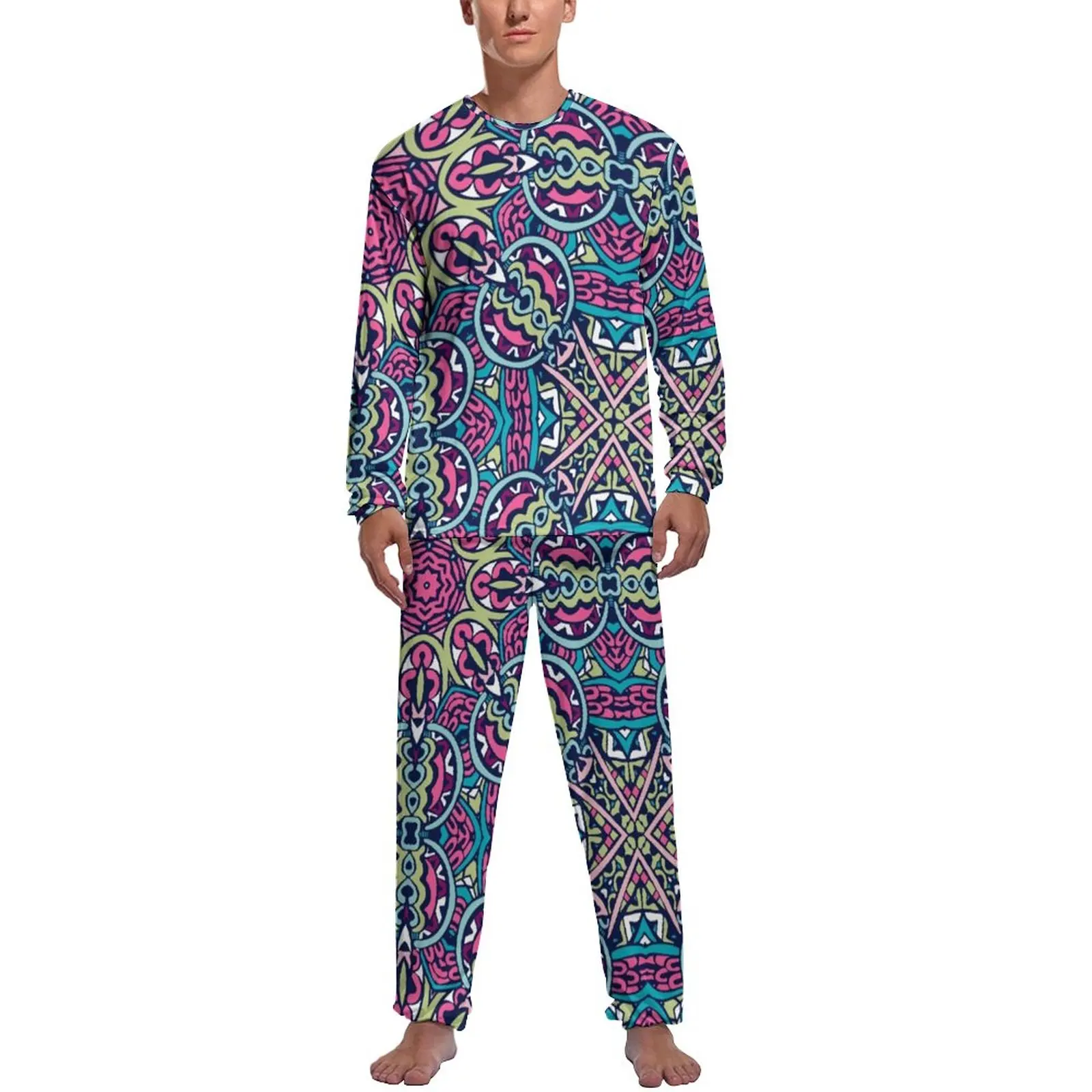 Bohemia Print Pajamas Autumn Pink Purple Mandala Casual Sleepwear Man 2 Pieces Design Long Sleeves Retro Pajama Sets