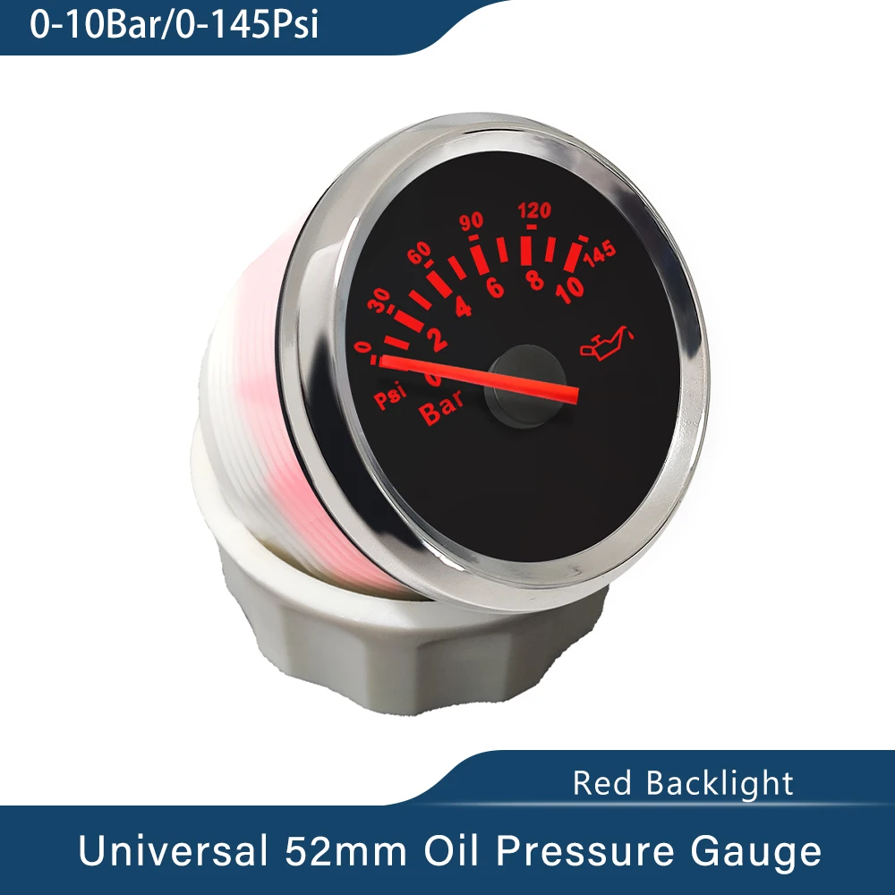 

ELING Universal 52mm Oil Pressure Gauge Meter Waterproof 0-5bar 0-10bar for Car Truck Boat Yacht with Red Backlight 9-32V