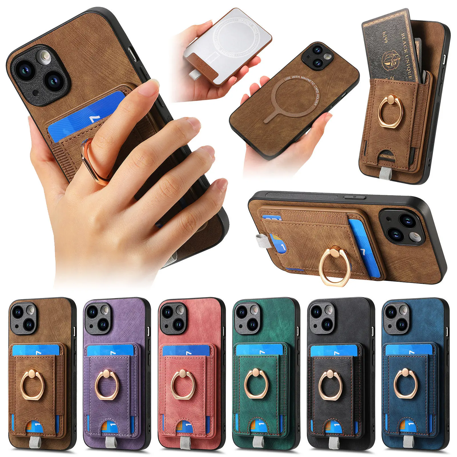 

Магнитный кожаный чехол-кошелек с держателем для карт для iPhone 15 14 13 12 Mini 11 Pro Max X XS MAX XR 7 8 Plus ударопрочный чехол с кольцом