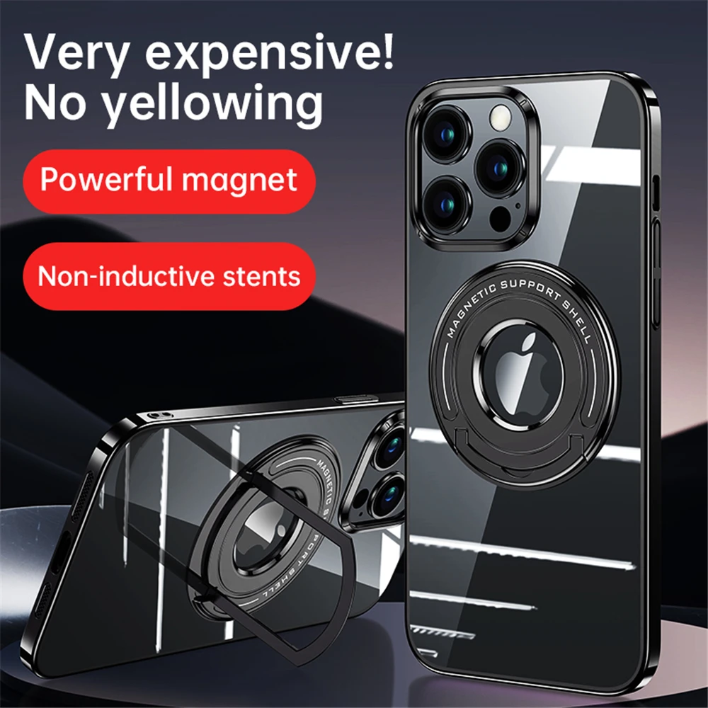 

Ultra-thin Magnetic Kickstand Transparent Back Cover For iPhone 14 13 12 Pro Max 5G PC+Plating Hard Frame Shockproof Phone Cases