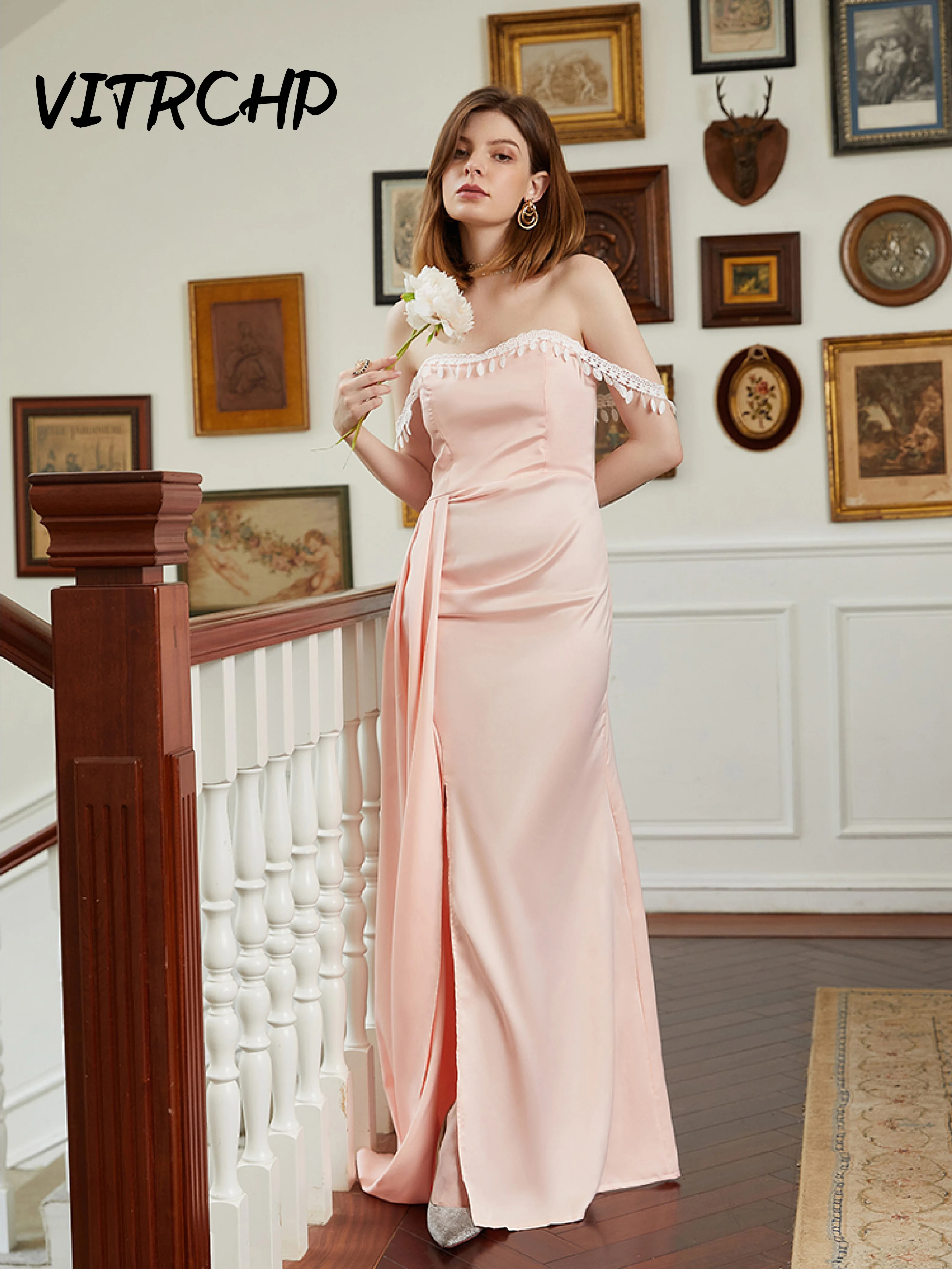 Prom Evening Cocktail Dress Soft Pink Boat Neck Bridesmaid Satin Homecoming Split Wedding Party Formal Occasion Ball Gown 2022