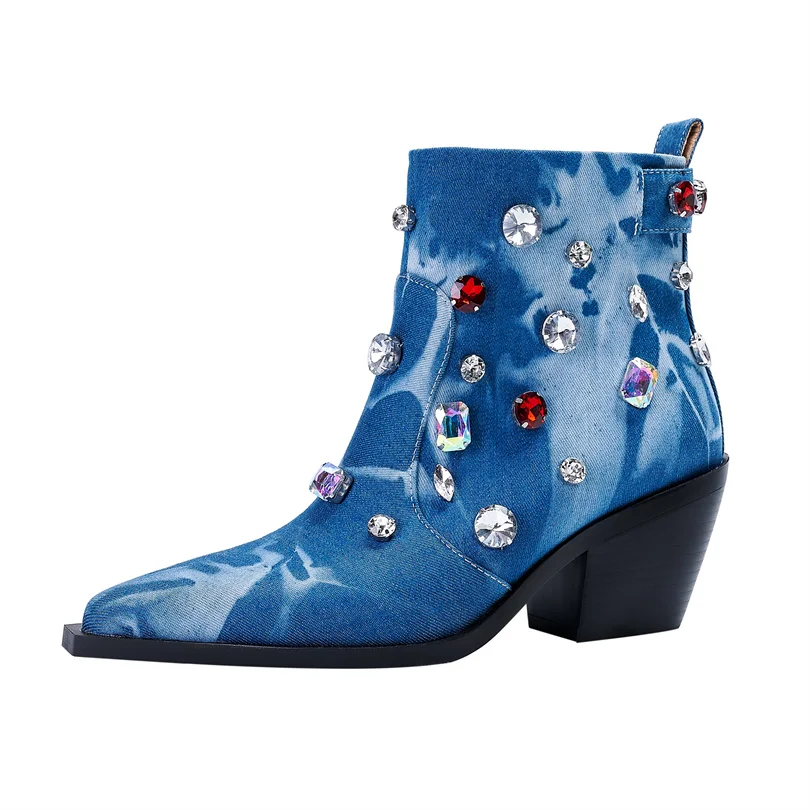 

Женские джинсовые ботинки, Элегантные зимние полусапожки на высоком каблуке с острым носком, большие размеры 40-43, 2023