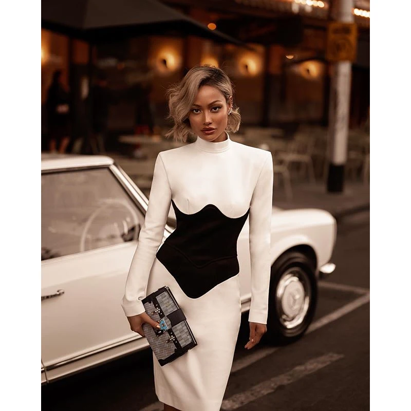 Купи Women Bandage Dress 2021 Autumn Sexy Round Neck Long Sleeve Dress Fashion Stitching Tight Club Nightclub Party Dress Vestidos за 586 рублей в магазине AliExpress