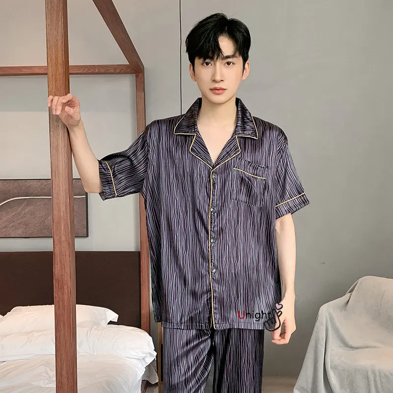 Spring Summer Man Pajama Sets Silk Sleepwear Pajamas for Men Plus Size Home Clothing Pyjamas Suit Home Wear Loungewear Homesuits