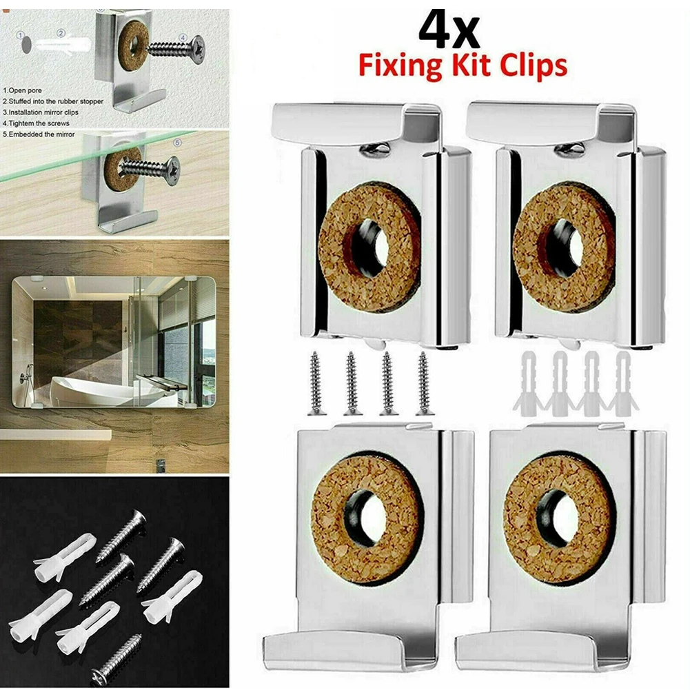 

4pcs Glass Wall Hanging Fixing Kit Clips For Frameless Bathroom Mirror Chrome Wall Brackets Clamps Hardware Screws Set