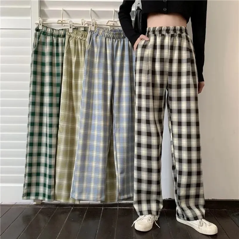 

Korean Fashion Casual Plaid High Waist Oversize Women's Pants Summer Fashion Harajuku Vintage Wide Leg Trousers Urban Clothing