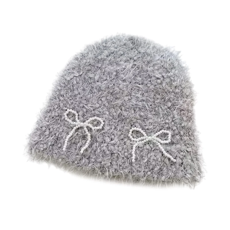 Плюшевая вязаная шапка с бантами. Элегантная женская шапка. Удобная Расклешенная