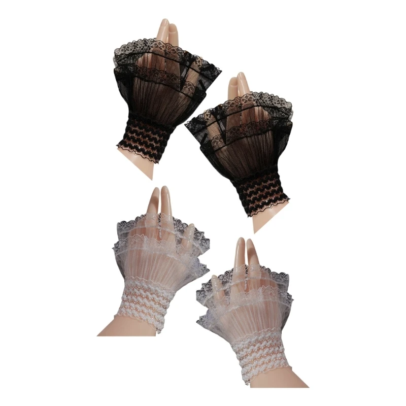 

F42F Ruffle Fake Sleeves Girls Pleated False Cuffs for Women Sweater Wrist Warmer Female White Black Color Shirts Lace Cuffs