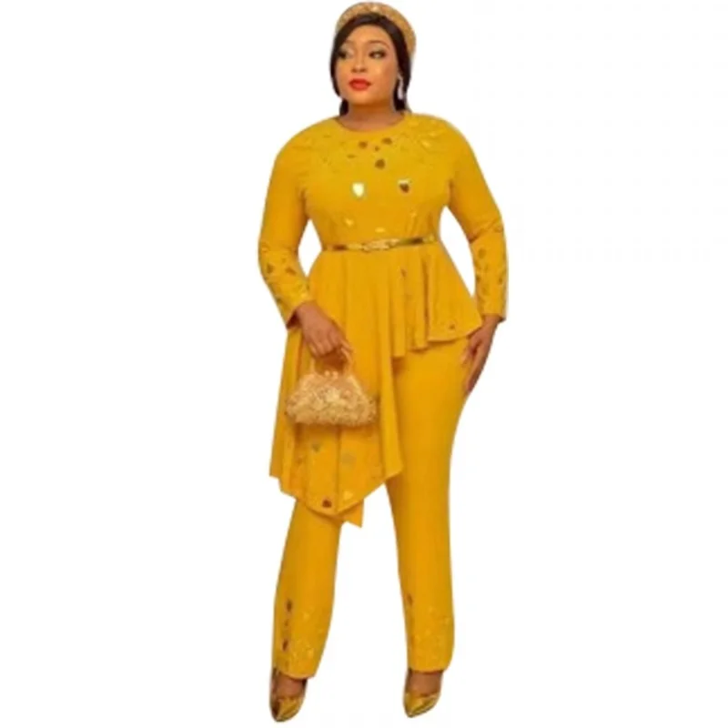 

African Sets For Women Three Quarter Sleeve Beading African Bazin Baggy Pants Rock Style Dashiki Famous Suit Africa Clothing