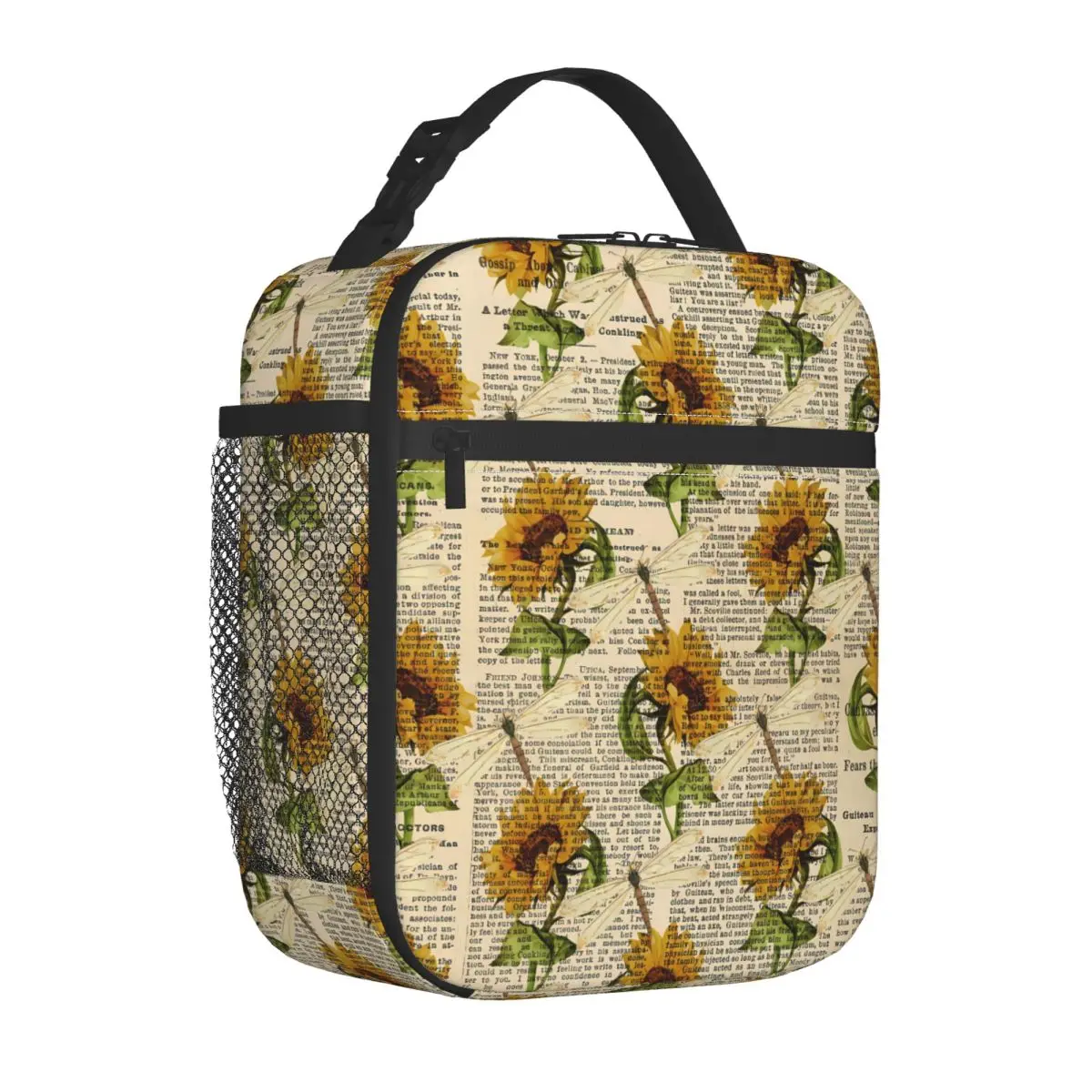 

Sunflower Dragonflies Lunch Bag For Unisex Old Newspaper Lunch Box Fun Work Cooler Bag Portable Zipper Oxford Thermal Lunch Bags