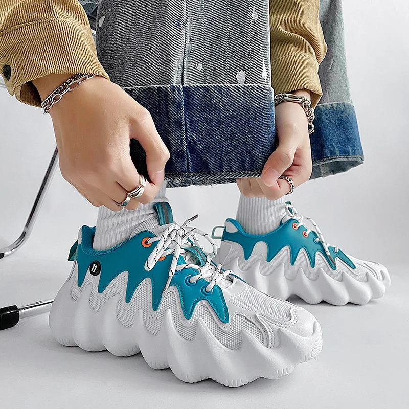 Trendy Men's Shoes Reflective Thick Bottom Platform Sneakers Breathable Stretch Mesh Men's Shoes Lightweight Running Footwear