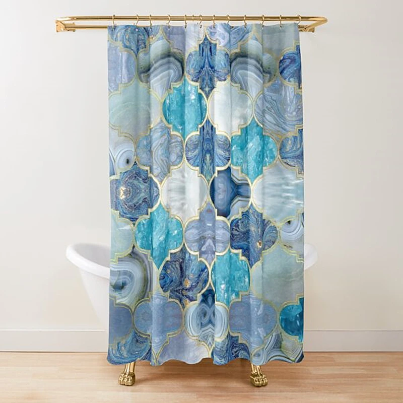 

Moroccan Trellis Lattice Pattern Shower Curtain,Indigo Navy Blue White Vintage Geometric Lattice Bathroom Curtains with Hooks