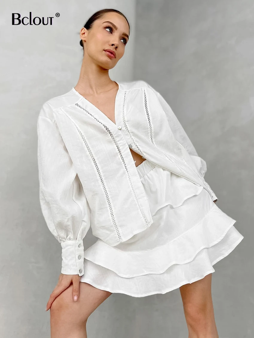 

Bclout Elegant Linen Ruffled Skirts Sets Womens 2 Pieces Fashion White V-Neck Puff Sleeve Tops Summer Cotton A-Line Skirts Suits