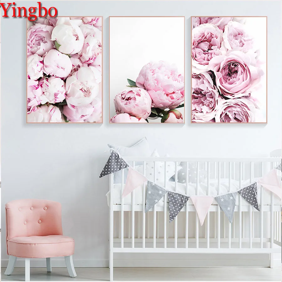 

Минималистичные постеры в скандинавском стиле, алмазная живопись, розовый цветок пиона, 5D наборы для вышивки крестиком, рукоделие, вышивка