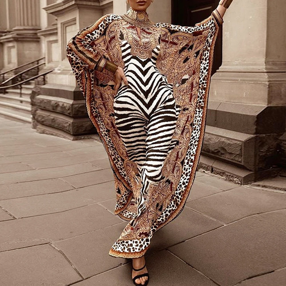 

African Dresses for Women Plus Size Zebra Printed Dashiki Elegant Ladies Gown Muslim Abaya Kaftan Bat Sleeve V-neck Robes