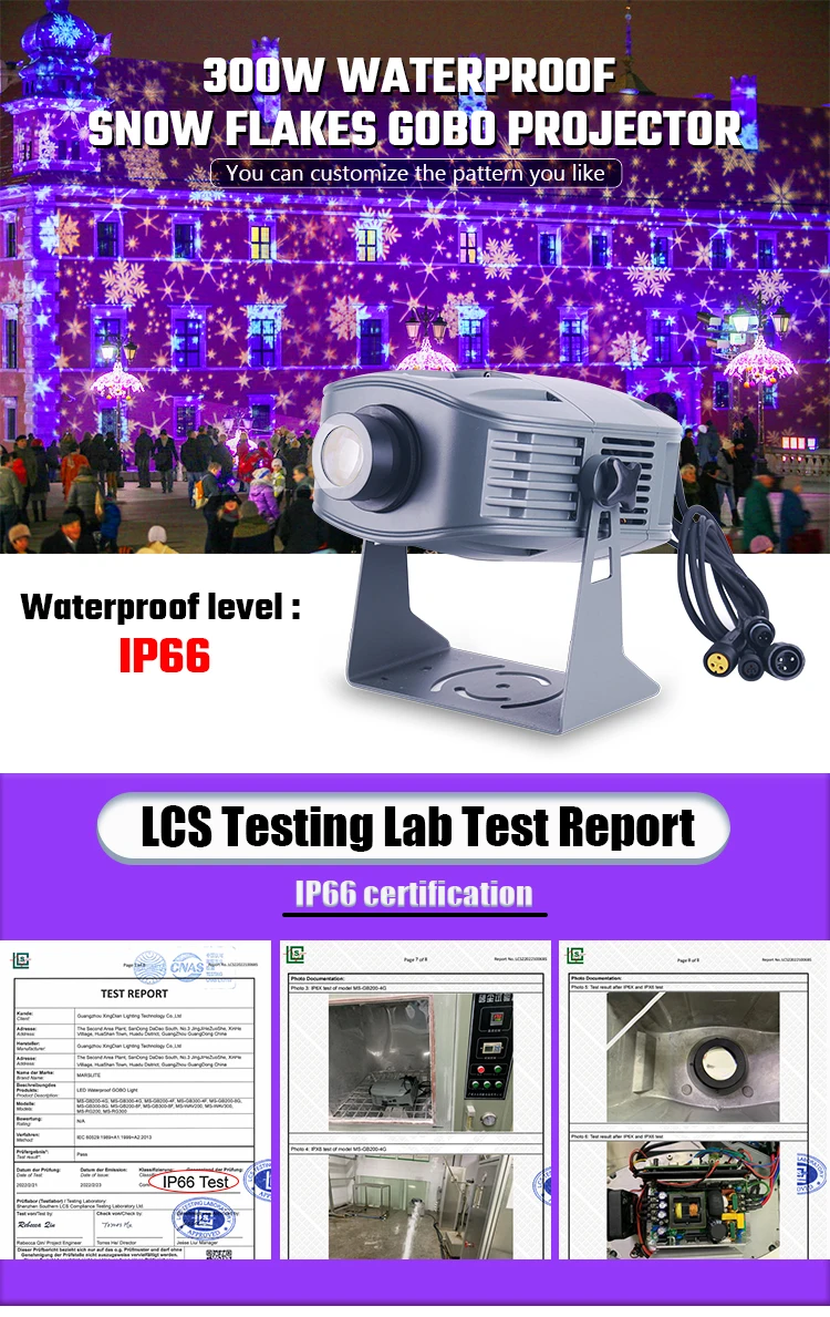 Фото Проектор с эффектом снежных хлопьев 300 Вт, водонепроницаемый IP66, зимняя тематика, проектор Gobo с индивидуальным логотипом, уличный вращающийся проектор с эффектом снежных хлопьев №2