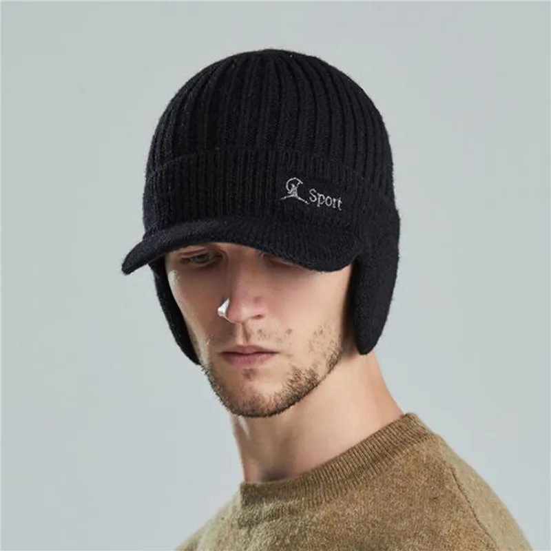 

Autumn Ear Protection Warmth Peaked Cap Men Winter Knitted Earflap Hat Outdoor Cycling Casual Fashion Sunhat Bomber Hats