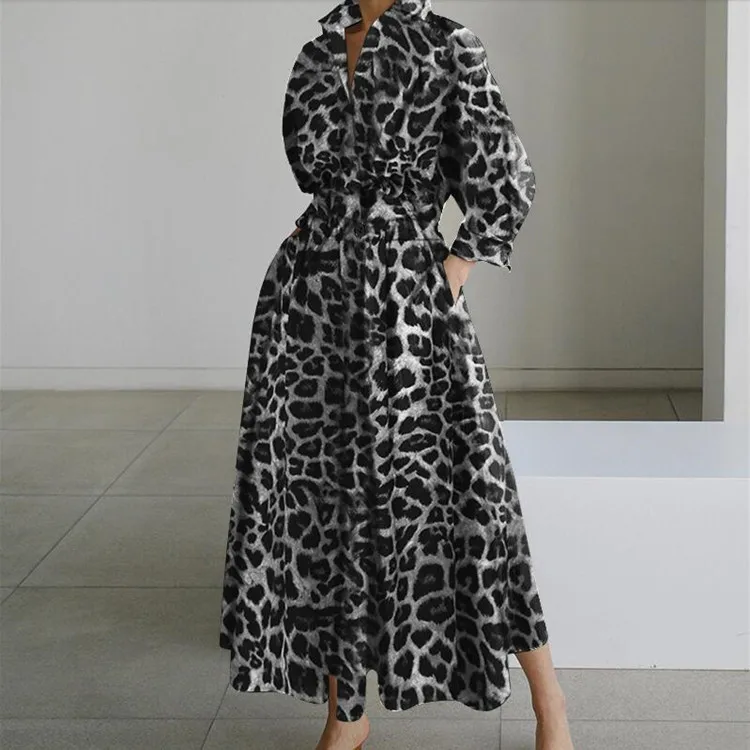 

Print temperament commuter lapel /POLO collar shirt sleeve loose plus-size dress 4XL