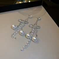 bowknot drop earrings rhinestone pearl womens earrings long tassel female drop earrings light luxury lady earrings 2022 trend