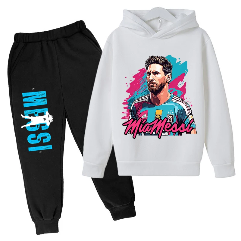 

messi football star printed children's hoodie set autumn and winter velvet sweatshirt pants 2-piece sportswear set