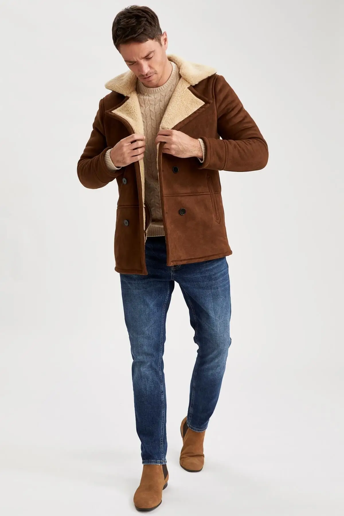 Slim Fit Jacket Collar Suede Coat