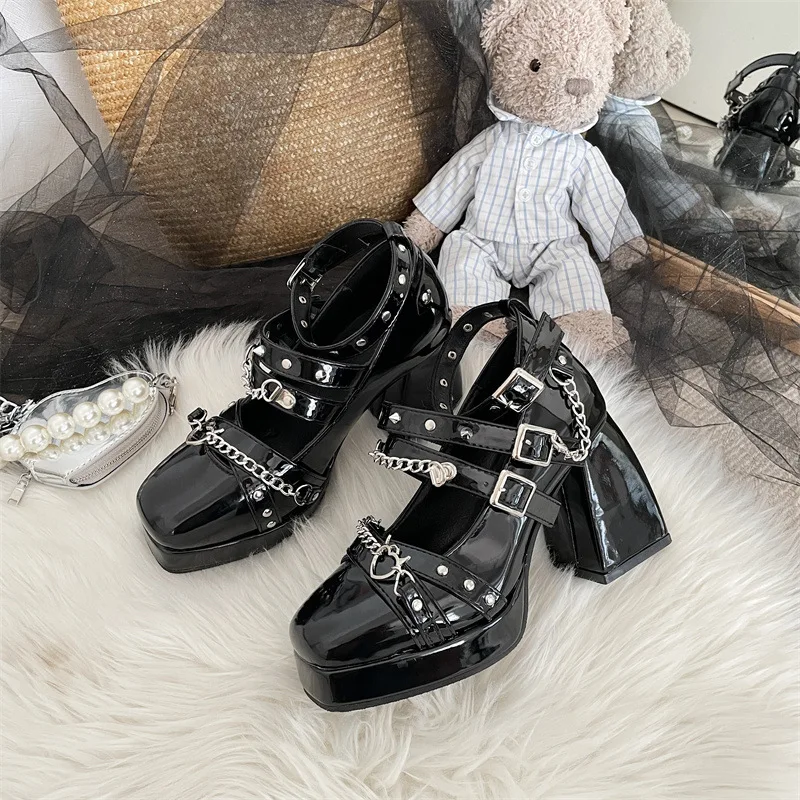 2022 Spring Autumn Lolita Cosplay Soft Sister Mary Jane Loafers Love Fashion Sequin Metal Decoration Punk Style Gothic Shoes