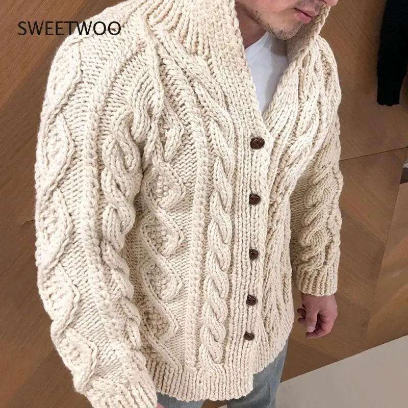 Men' Sweater Coat Autumn Winter Fashion Warm Knitwear Jackets Solid Color Button Stand Collar Cardigan Male Knitted Overcoat