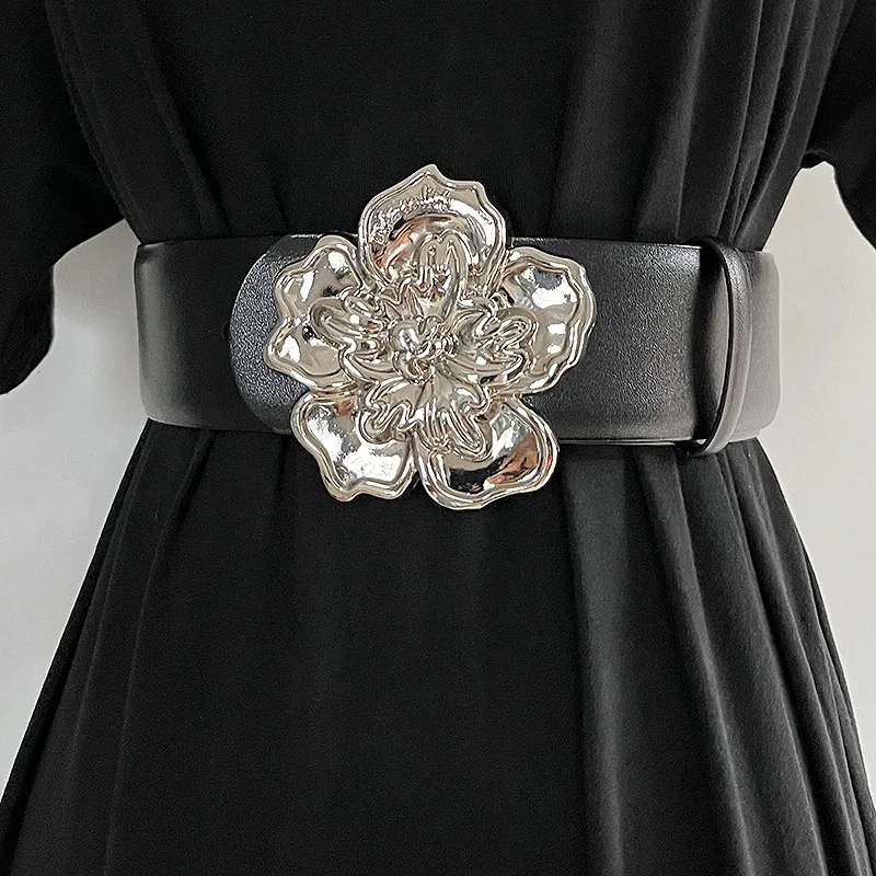 Double Sides Available Silver Big Flower Metal Buckle Genuine Leather Wide Cowhide Belt Women Decorative Skirt Waist Belts