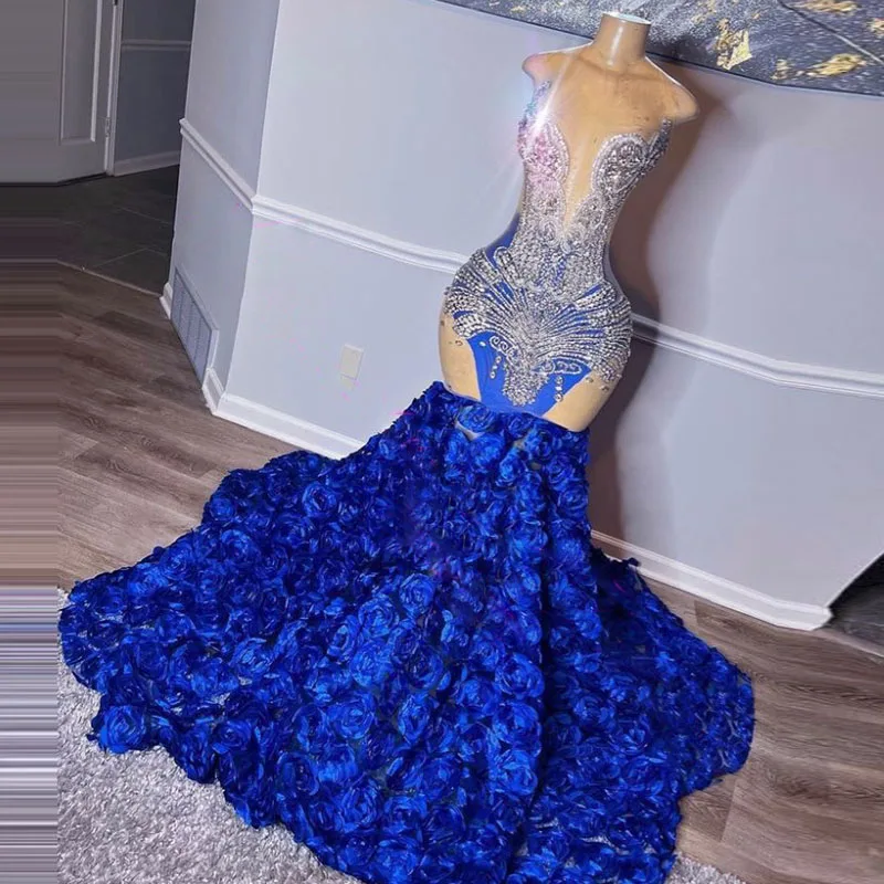 

Aso Ebi Illusion Beaded Prom Dresses Sexy Sheer Neck Mermaid Royal Blue Evening Gowns 3d Flower Sweep Train 2k22 Party Dress