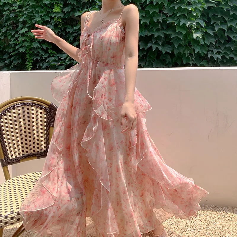 

2022 Summer Women Floral French Vintage Sling Dress Sexy Backless Ruffle Sweet Holiday Beach Long Dress Elegant Ladies Clothing