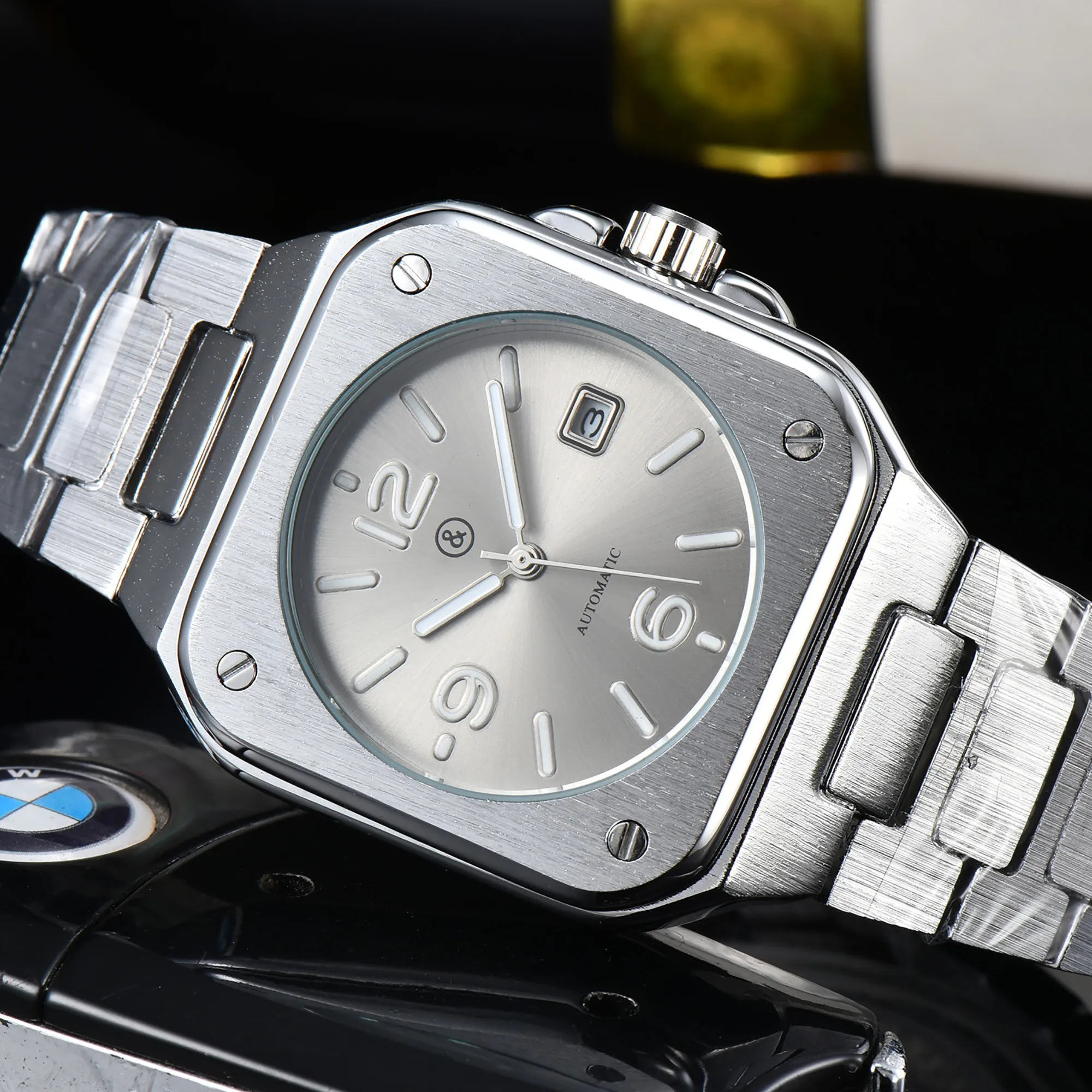 

Brand New BR Style Luxury Sport Quartz Business Watch Bell Stainless Steel Man Calendar Square Wristwatch Ross High Quality