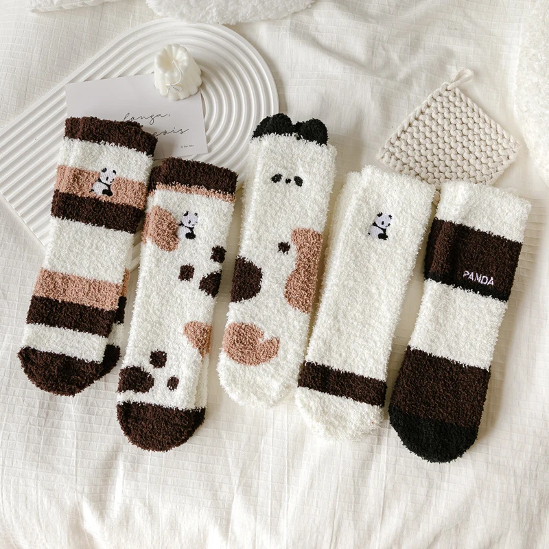 

1Pair Winter socks female Coral Fleece Tube socks Cute panda embroidery Thick Warm Sleeping Floor Socks Christmas Gift Meias